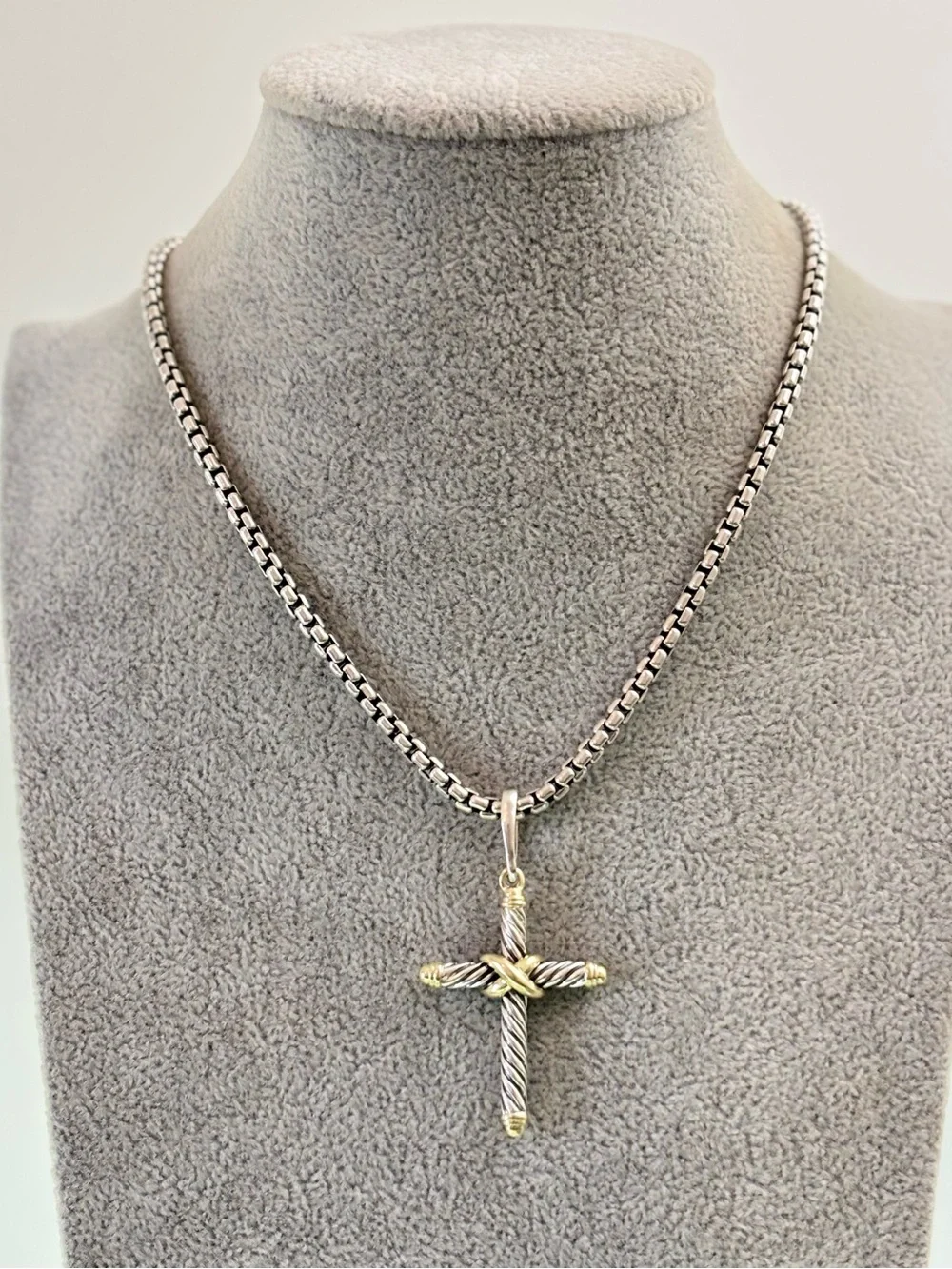 David Yurman 925 & 14k Gold Unisex Cable Cross Pendant Necklace 18